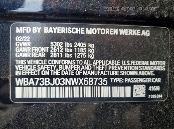 WBA73BJ03NWX68735 2022 BMW 5 SERIES Черный Вид наклейки с VIN-кодом