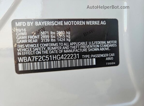 WBA7F2C51HG422231 2017 BMW 7 SERIES White ძრავის განყოფილების ხედი