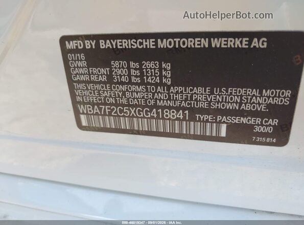 WBA7F2C5XGG418841 2016 BMW 7 SERIES White Widok komory silnika