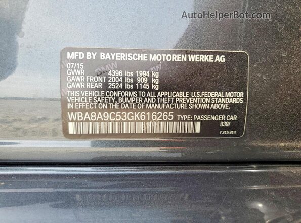 WBA8A9C53GK616265 2016 BMW 3 SERIES Gray VIN կոդի պիտակի տեսք