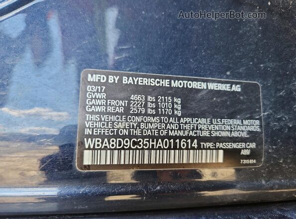 WBA8D9C35HA011614 2017 BMW 3 SERIES Blue ძრავის განყოფილების ხედი