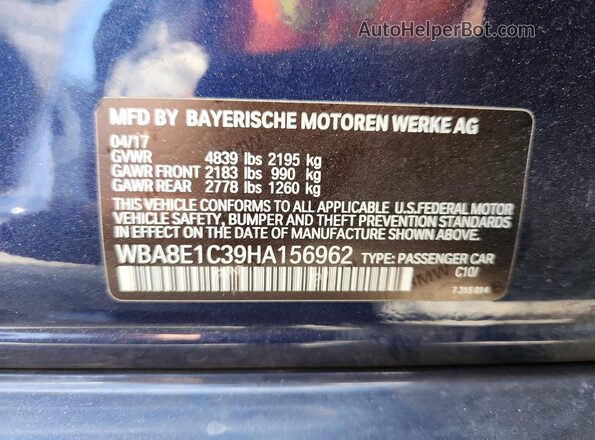 WBA8E1C39HA156962 2017 BMW 3 SERIES Blue Вид підкапотного простору