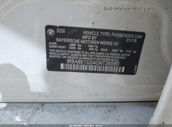 WBA8E1G54GNT36580 2016 BMW 3 SERIES Белый Вид подкапотного пространства