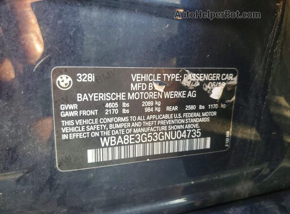 WBA8E3G53GNU04735 2016 BMW 3 SERIES Синий Вид подкапотного пространства