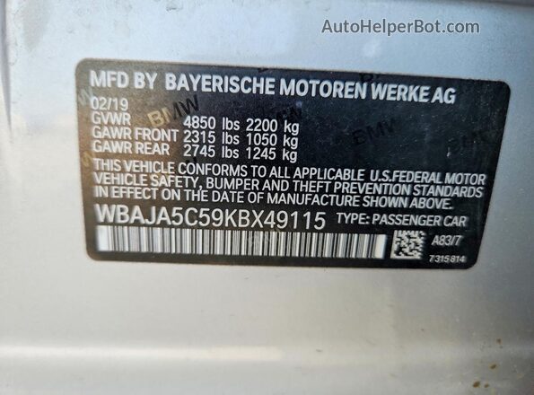 WBAJA5C59KBX49115 2019 BMW 5 SERIES Silver Engine compartment view