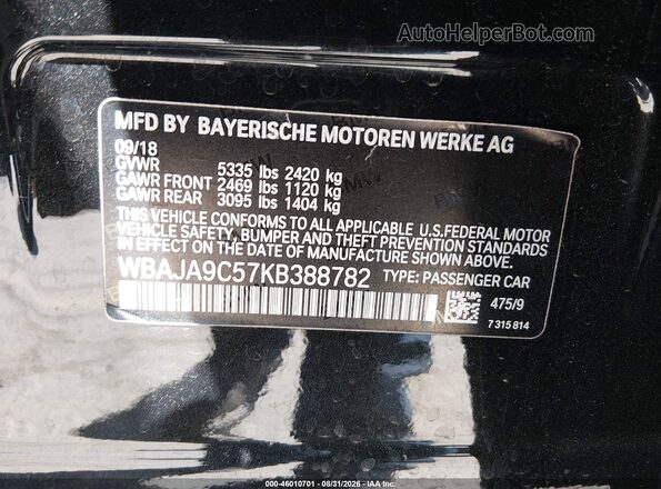 WBAJA9C57KB388782 2019 BMW 5 SERIES Black Vista del compartimento del motor