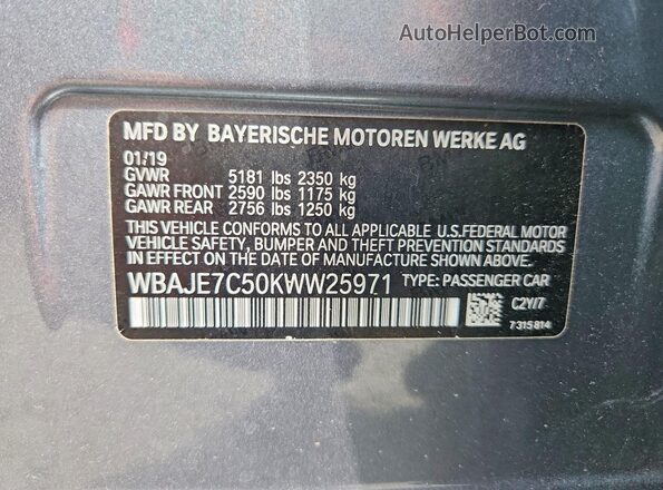 WBAJE7C50KWW25971 2019 BMW 5 SERIES Gray VIN sticker view