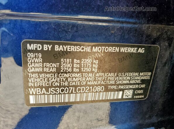 WBAJS3C07LCD21080 2020 BMW 5 SERIES Blue Вид наклейки з VIN-кодом