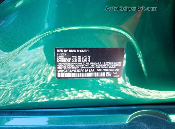 WBS43AY03RFS16186 2024 BMW M3 Green VIN sticker view