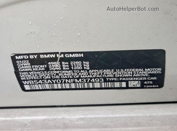 WBS43AY07NFM37493 2022 BMW M3 White ძრავის განყოფილების ხედი