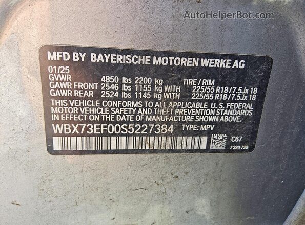 WBX73EF00S5227384 2025 BMW X1 Silver Vista de la etiqueta del VIN