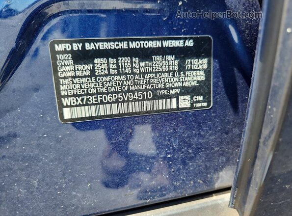 WBX73EF06P5V94510 2023 BMW X1 Blue Vista interior de 360 grados