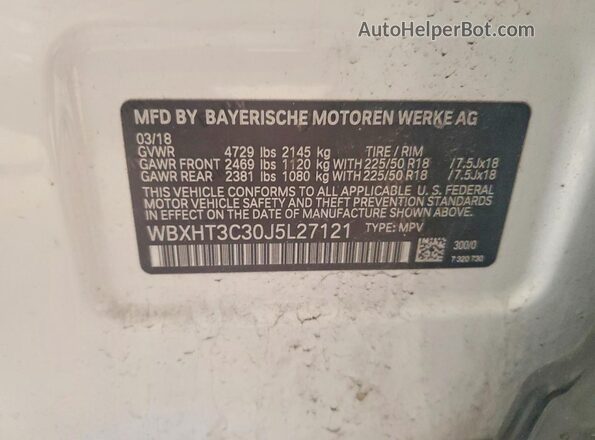 WBXHT3C30J5L27121 2018 BMW X1 White VIN კოდის სტიკერის ხედი