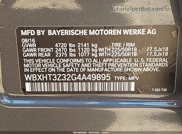 WBXHT3Z32G4A49895 2016 BMW X1 Gray ძრავის განყოფილების ხედი