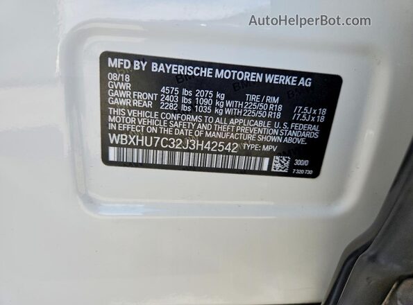 WBXHU7C32J3H42542 2018 BMW X1 Белый Вид наклейки с VIN-кодом