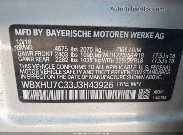 WBXHU7C33J3H43926 2018 BMW X1 Silver Вид підкапотного простору