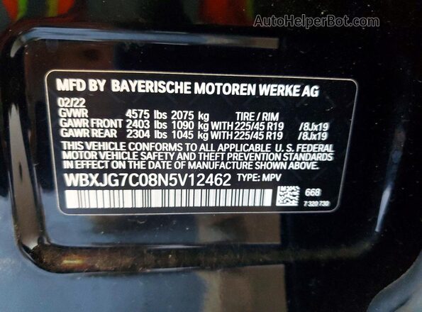 WBXJG7C08N5V12462 2022 BMW X1 Black Widok naklejki z numerem VIN