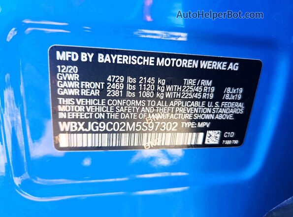 WBXJG9C02M5S97302 2021 BMW X1 Blue Vista interior de 360 grados