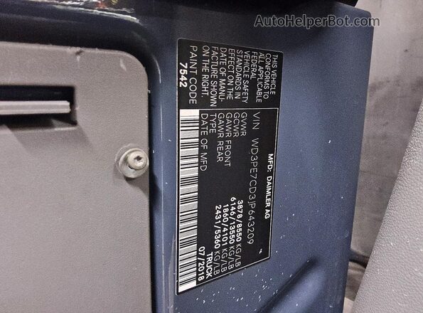 WD3PE7CD3JP643209 2018 MERCEDES-BENZ SPRINTER Blue VIN կոդի պիտակի տեսք