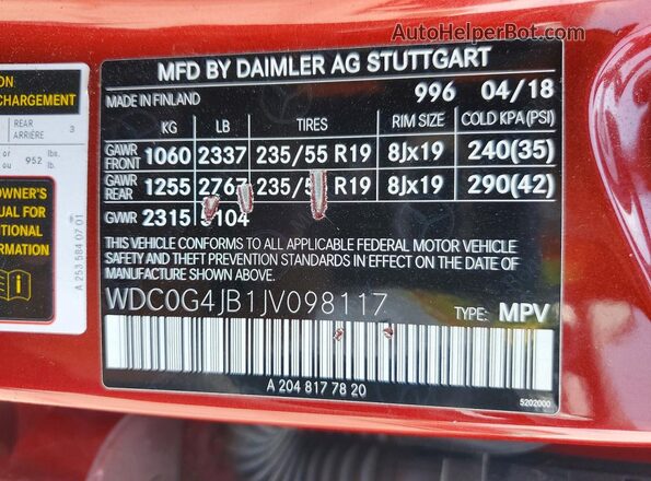 WDC0G4JB1JV098117 2018 MERCEDES-BENZ GLC-CLASS Burgundy Vista de la etiqueta del VIN