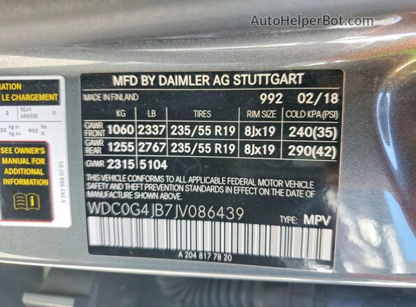 WDC0G4JB7JV086439 2018 MERCEDES-BENZ GLC-CLASS Серый Вид наклейки с VIN-кодом