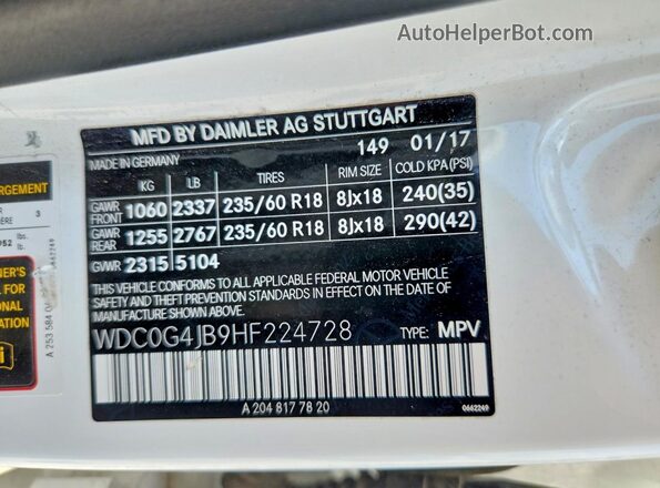 WDC0G4JB9HF224728 2017 MERCEDES-BENZ GLC-CLASS Белый Вид наклейки с VIN-кодом