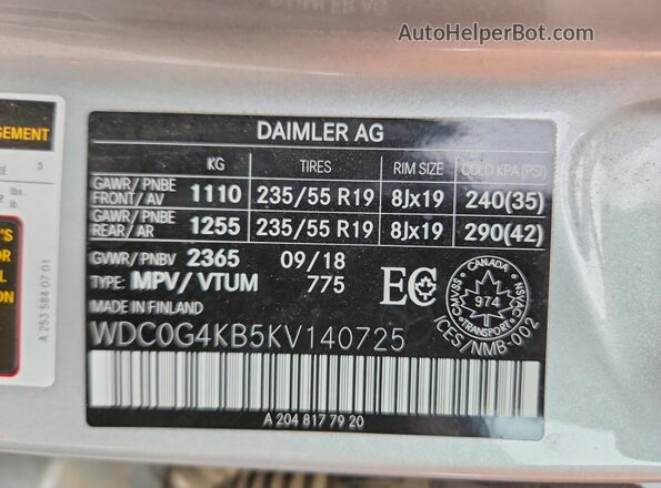 WDC0G4KB5KV140725 2019 MERCEDES-BENZ GLC-CLASS Silver Вид наклейки з VIN-кодом