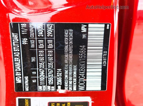 WDC0G4KB6KV155864 2019 MERCEDES-BENZ GLC-CLASS Red VIN sticker view