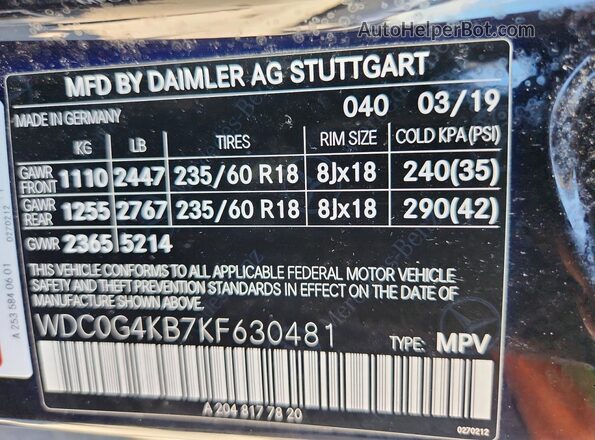 WDC0G4KB7KF630481 2019 MERCEDES-BENZ GLC-CLASS Black Вид наклейки з VIN-кодом
