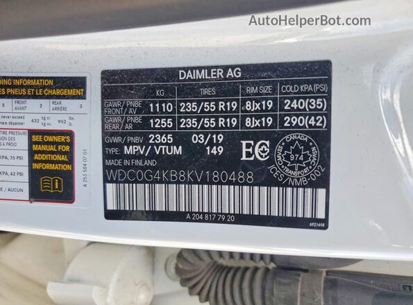 WDC0G4KB8KV180488 2019 MERCEDES-BENZ GLC-CLASS White Vista de la etiqueta del VIN