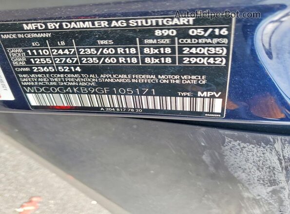 WDC0G4KB9GF105171 2016 MERCEDES-BENZ GLC-CLASS Blue Widok naklejki z numerem VIN