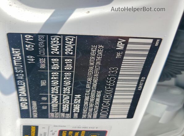 WDC0G4KBXKF655133 2019 MERCEDES-BENZ GLC-CLASS White VIN კოდის სტიკერის ხედი