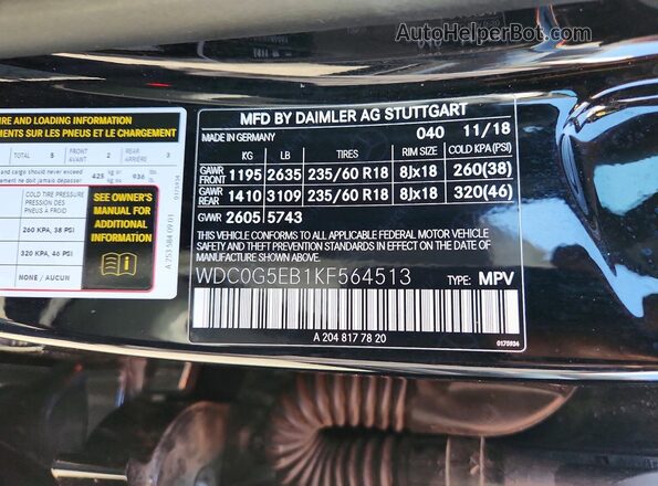 WDC0G5EB1KF564513 2019 MERCEDES-BENZ GLC-CLASS Black VIN sticker view