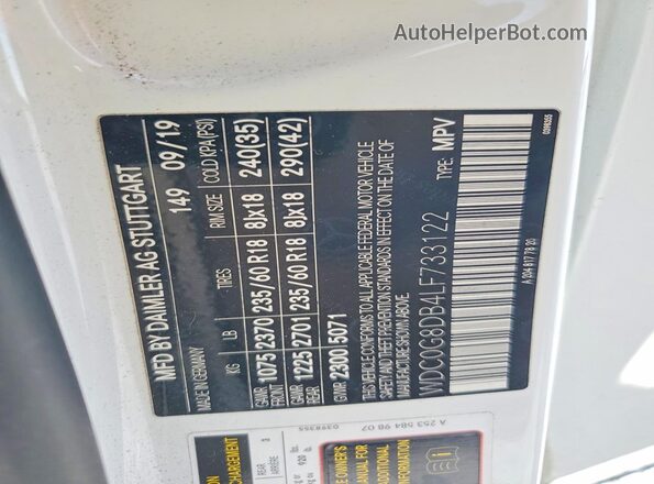 WDC0G8DB4LF733122 2020 MERCEDES-BENZ GLC-CLASS White Vista de la etiqueta del VIN