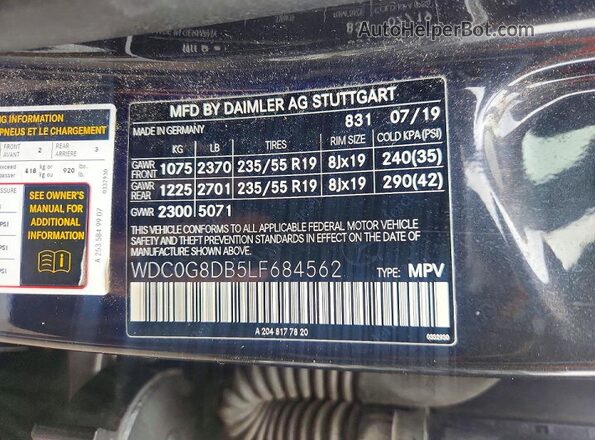 WDC0G8DB5LF684562 2020 MERCEDES-BENZ GLC-CLASS Угольный Вид наклейки с VIN-кодом