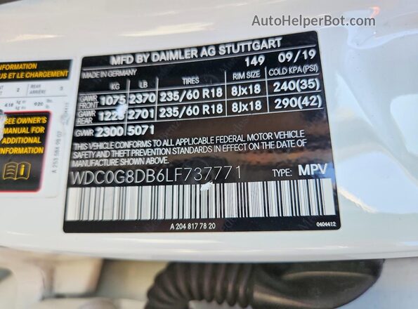 WDC0G8DB6LF737771 2020 MERCEDES-BENZ GLC-CLASS White Vista de la etiqueta del VIN