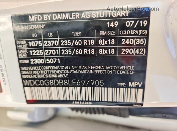 WDC0G8DB8LF697905 2020 MERCEDES-BENZ GLC-CLASS White VIN კოდის სტიკერის ხედი