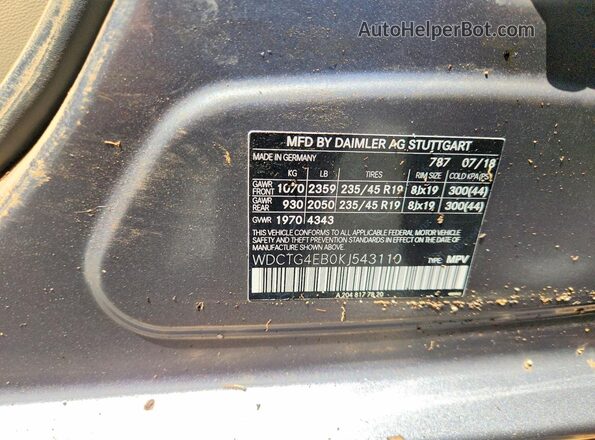 WDCTG4EB0KJ543110 2019 MERCEDES-BENZ GLA Gray Вид наклейки з VIN-кодом