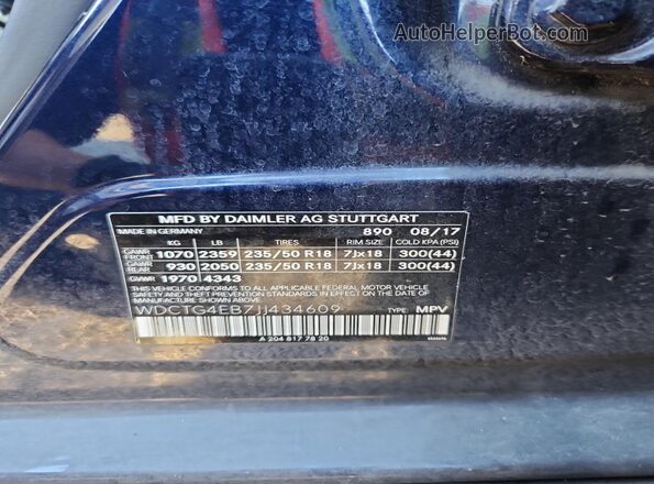 WDCTG4EB7JJ434609 2018 MERCEDES-BENZ GLA Синий Вид наклейки с VIN-кодом