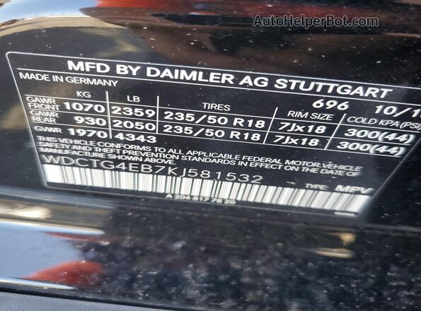 WDCTG4EB7KJ581532 2019 MERCEDES-BENZ GLA Black ძრავის განყოფილების ხედი