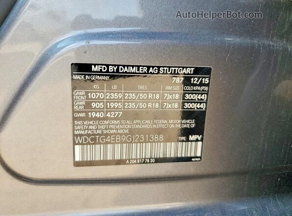 WDCTG4EB9GJ231388 2016 MERCEDES-BENZ GLA Gray VIN sticker view