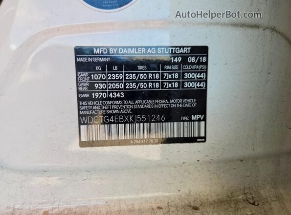 WDCTG4EBXKJ551246 2019 MERCEDES-BENZ GLA White VIN sticker view