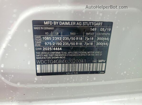 WDCTG4GB6KU020041 2019 MERCEDES-BENZ GLA White ძრავის განყოფილების ხედი