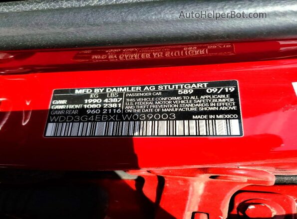 WDD3G4EBXLW039003 2020 MERCEDES-BENZ A Red Вид підкапотного простору