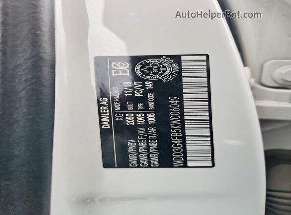WDD3G4FB5KW006049 2019 MERCEDES-BENZ A White VIN sticker view