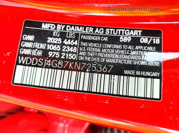 WDDSJ4GB7KN725367 2019 MERCEDES-BENZ CLA-CLASS Red Widok naklejki z numerem VIN