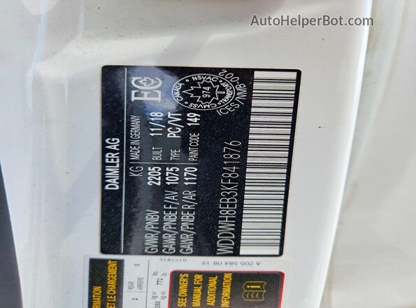 WDDWH8EB3KF841876 2019 MERCEDES-BENZ C White Vista de la etiqueta del VIN