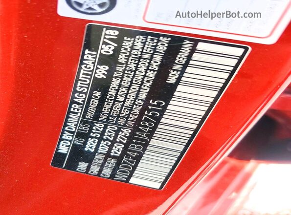 WDDZF4JB1JA487515 2018 MERCEDES-BENZ E Red Вид наклейки з VIN-кодом
