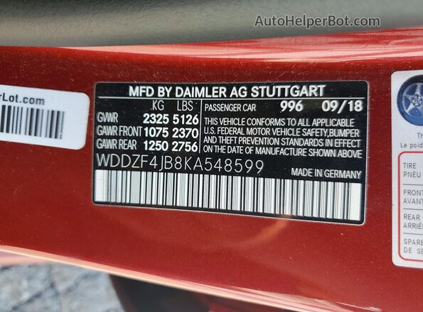 WDDZF4JB8KA548599 2019 MERCEDES-BENZ E Red Vista de la etiqueta del VIN