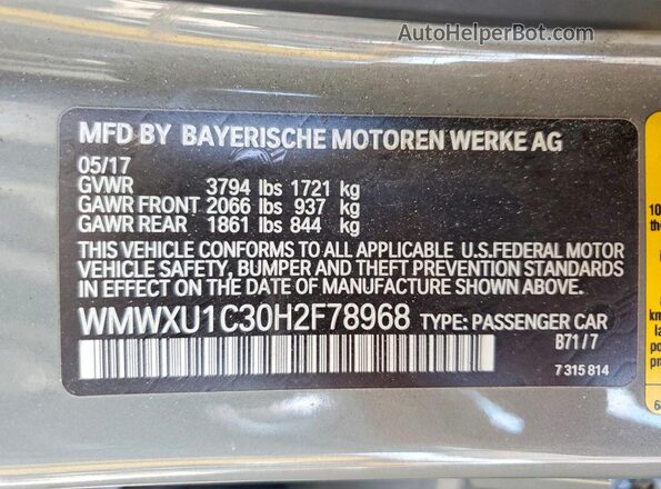 WMWXU1C30H2F78968 2017 MINI COOPER Gray Widok komory silnika